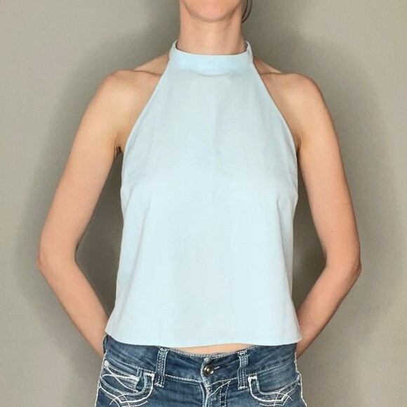 Forever 21 Halter Open Back Tank Top Button Closure Sheer Light Blue M Medium - Picture 2 of 12